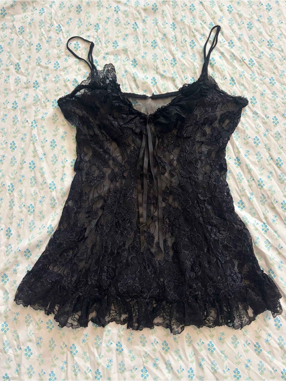 Black lace mesh y2k babydoll lingerie top with ribbon tie